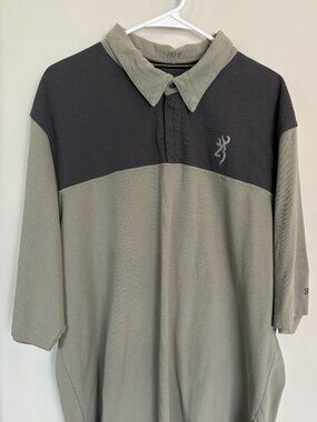 Browning Polo Shirt Mens XXL Tan Gray Colorblock Deer Logo Outdoor Casual Short
